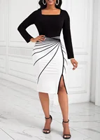 Plus Size Women's Elegant Dress Geometric Pattern Color Contrast Printed Long-Sleeve Bag Buttock Slit Elastic Dress - Image 4