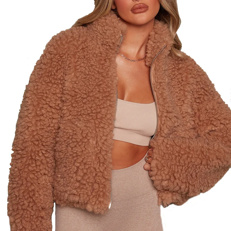 

Winter Jacket Loose Plush Cardigan Short Jacket Lamb Wool Jacket Female Solid Color Long Sleeve Panel Women Zipper Fashion Coats
