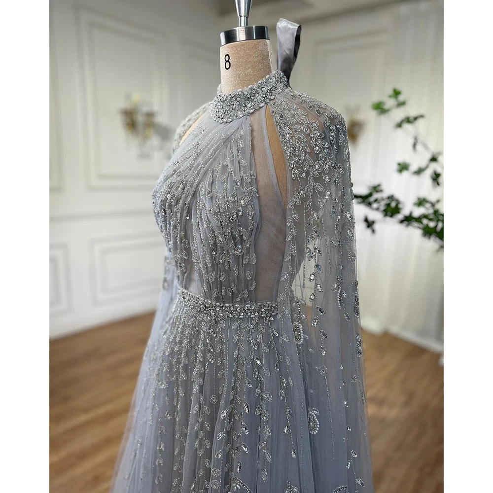 Serene Hill Dubai Arabic Luxury Nude A Line Beaded Evening Dresses With Cape Sleeves Gowns For Women  Wedding Party 2023 LA71803