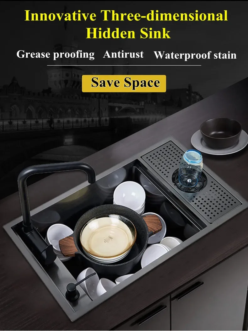 304 Stainless Steel Kitchen Sink Concealed Folding Faucet With Cup Washer Coffee Shop Milk Tea Bar Toilet Bathroom Sink 6