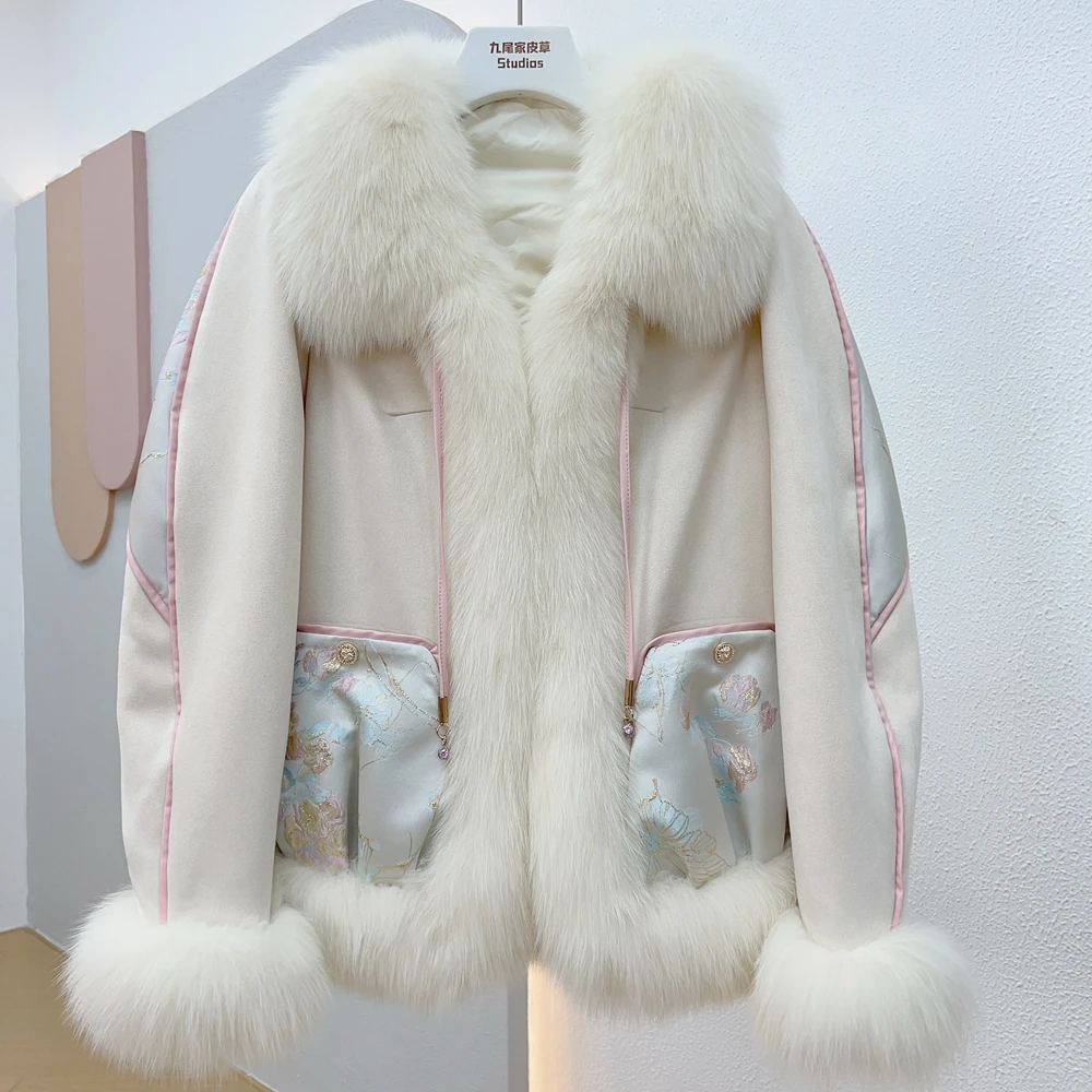 

Short Lapel Down Jacket Real Fox Fur Thick Warm Women Coat Winter New Chinese Style Embroidery Female Trendy Classic OuterWear