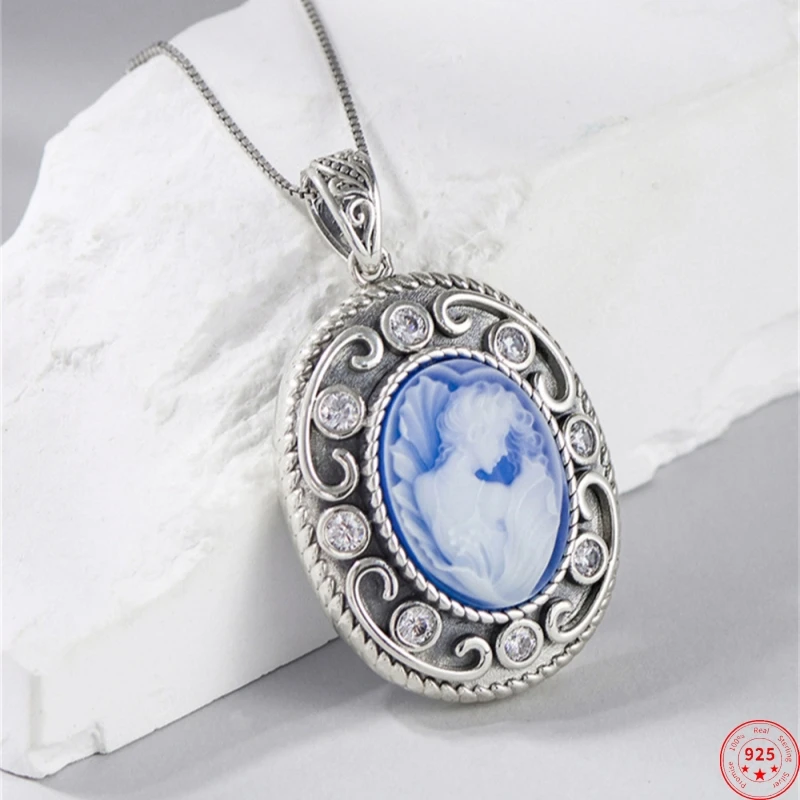 

S925 Sterling Silver Pendants for Women Men New Fashion Inlaid Blue Agate Beauty Head Sculpture Classic Jewelry Free Shipping