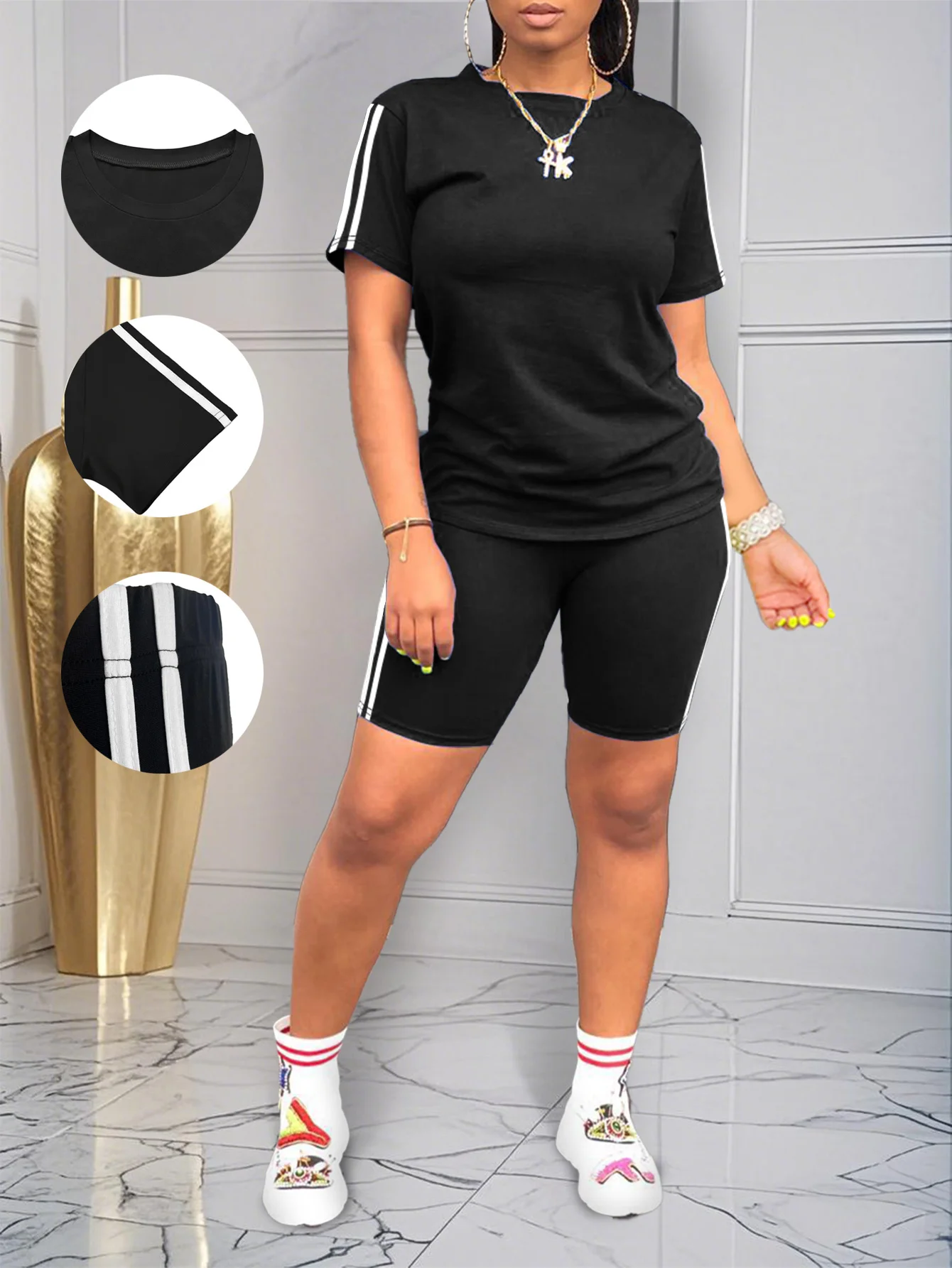 Women's summer casual loose fit large size round neck short sleeved T-shirt+shorts two-piece set 1