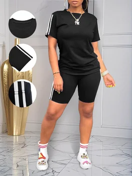 Women's summer casual loose fit large size round neck short sleeved T-shirt+shorts two-piece set 1