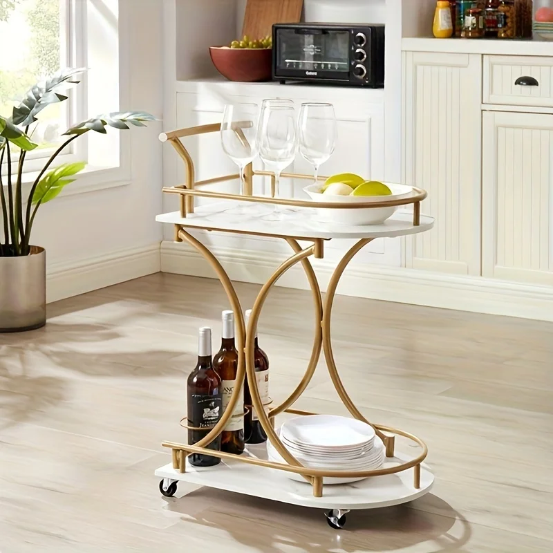 

1pc Elegant 2-Tier Bar Cart, Mobile Kitchen Serving Trolley With Wine Glass & Bottle Holders, Gold Metal Frame With White Shelve