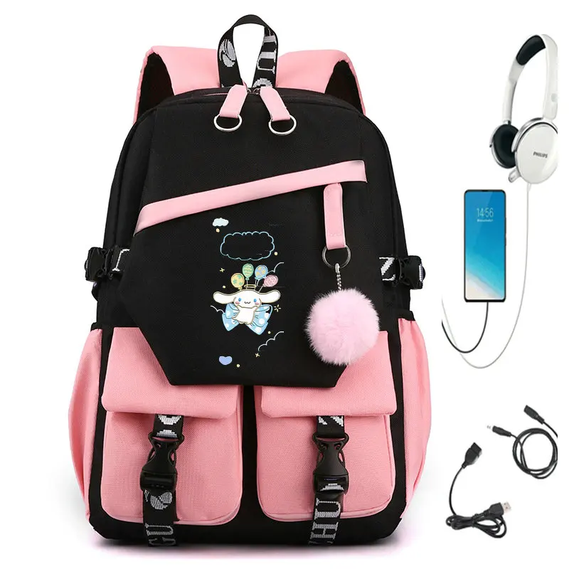 MINISO 사랑스러운 쿠로미 멜로디 배낭 USB 여아용 학교 가방, 십대 캔버스 노트북 백팩, 용량 배낭 애니메이션