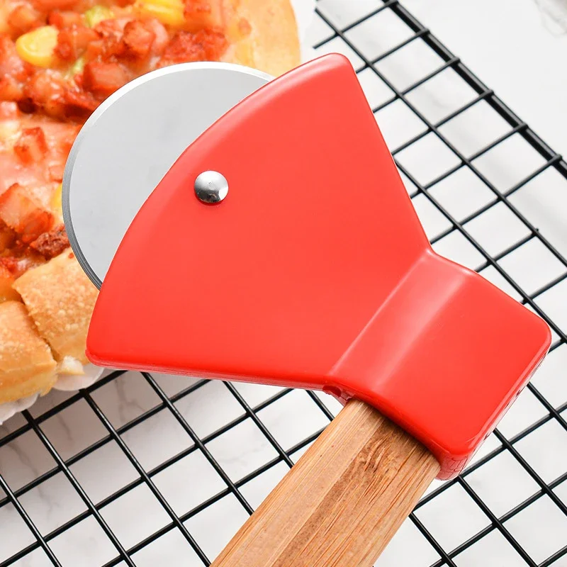 Stainless steel axe pizza cutter Wooden handle Baking tool Single wheel pie cutter 1pc pizza cutter