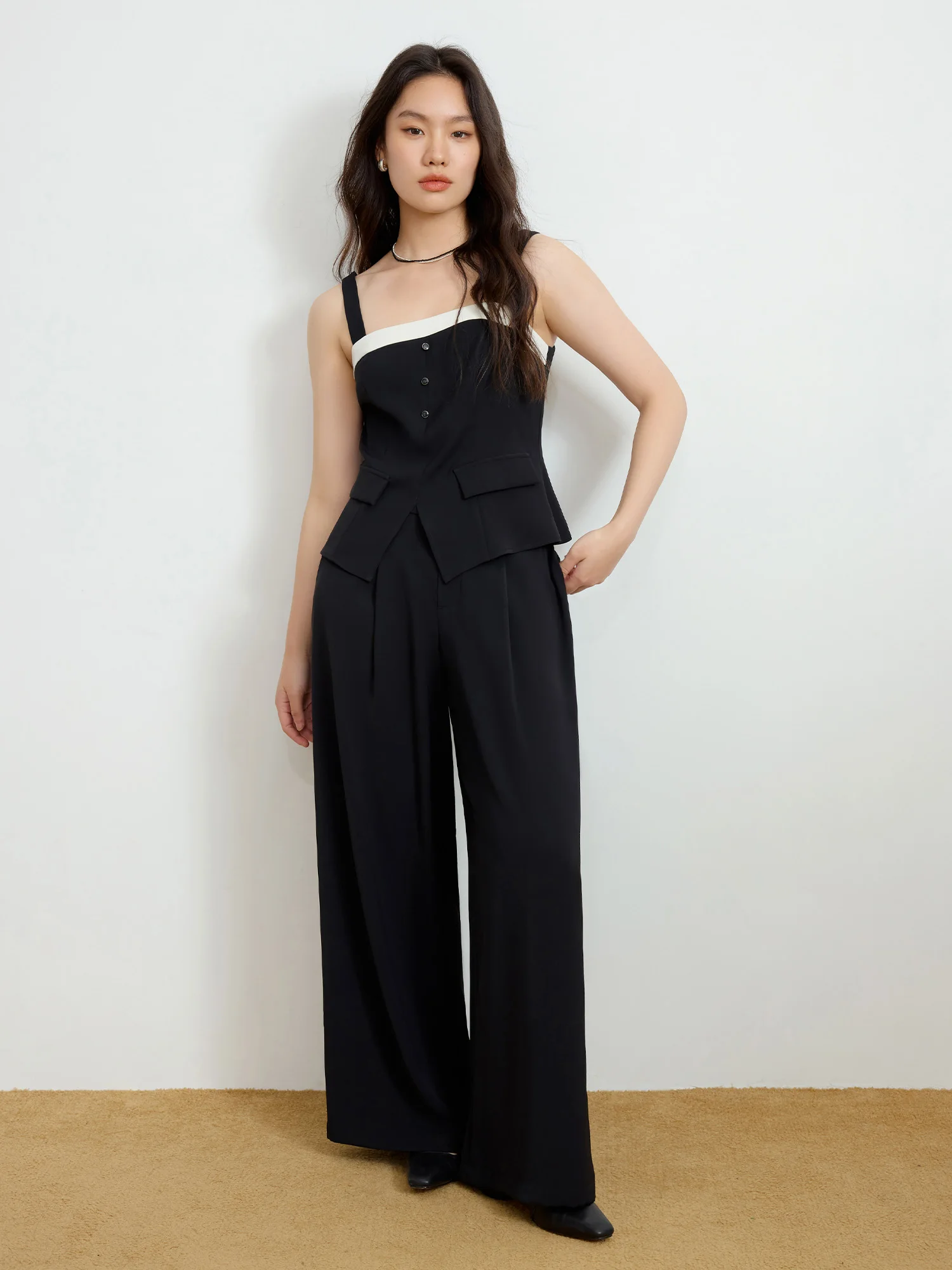 Description Picture 6 of itemDUSHU Women Vest Coat Long Trouser Sets 2025 Spring New Commuter Female Strappy Tops Back Elastic Waist Pant 25DS81158+25DS81247