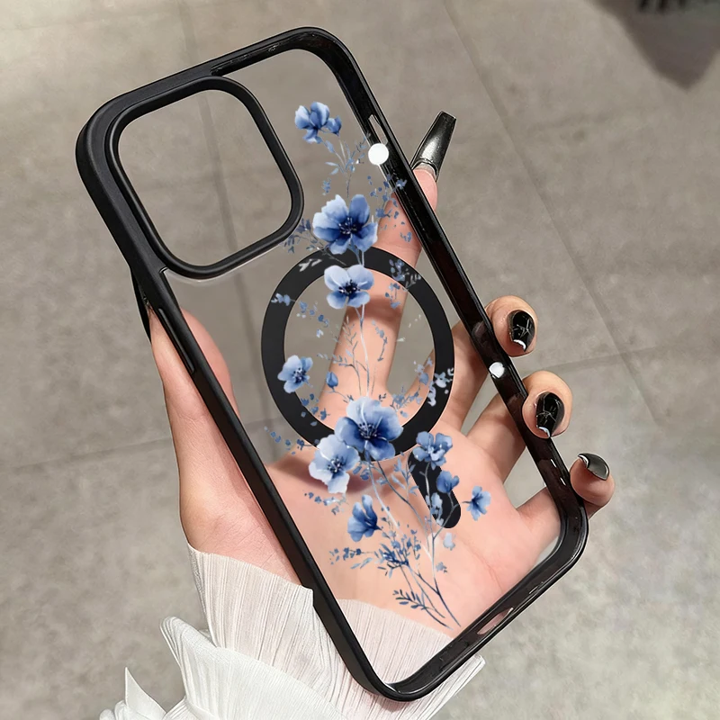 Blue Floral Pattern Magnetic Phone Case - Clear Shockproof Bumper Cover