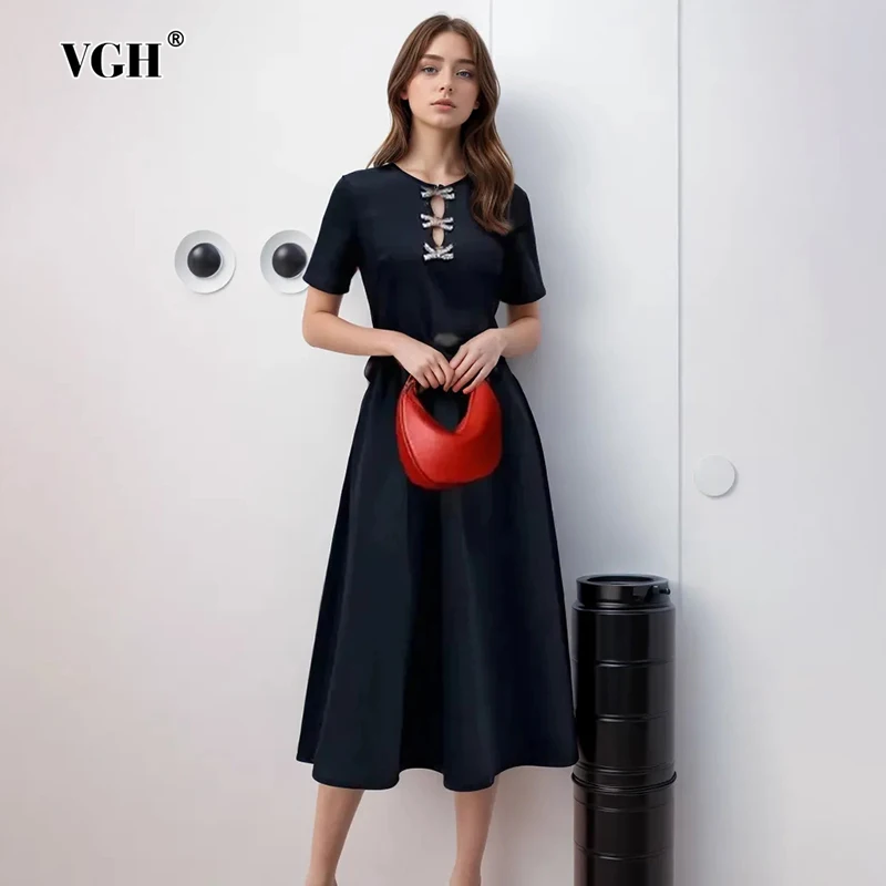 

VGH Elegant Solid Patchwork Bowknot Dresses For Women Round Neck Short Sleeve High Waist Spliced Zipper Dress Female Fashion New