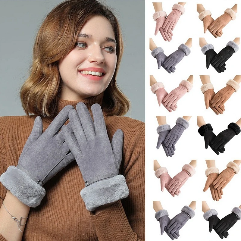 Women Winter Gloves Warm Touch Screen Black Fur Gloves Full Finger