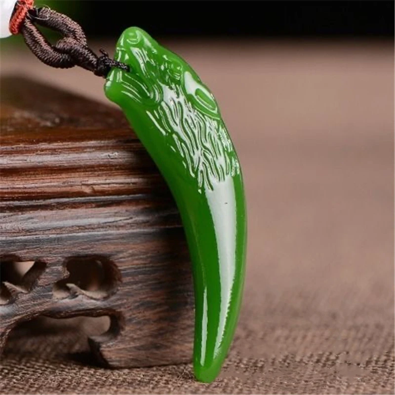 Natural Green Handmade Double-sided Carved Wolf Tooth Jade Pendant Fashion Boutique Jewelry Men and Women Necklace Accessories