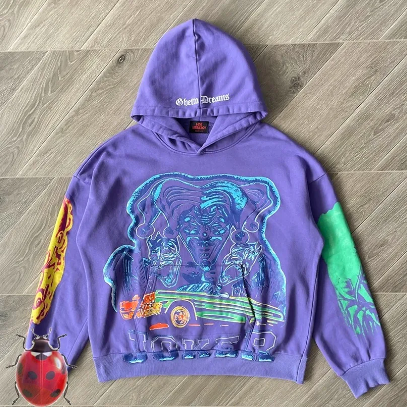 JOKER Print Lost Intricacy Hooded Hoodie Men Women Purple Loose High Street Heavy Fabric Sweatshirts
