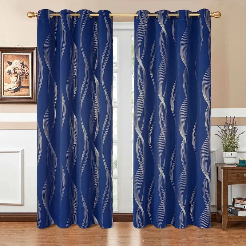 

*2Pcs Curtains Silvery Wave Striped Pattern Window Drape Blackout Grommet Top Window Treatment For Bedroom Living Room