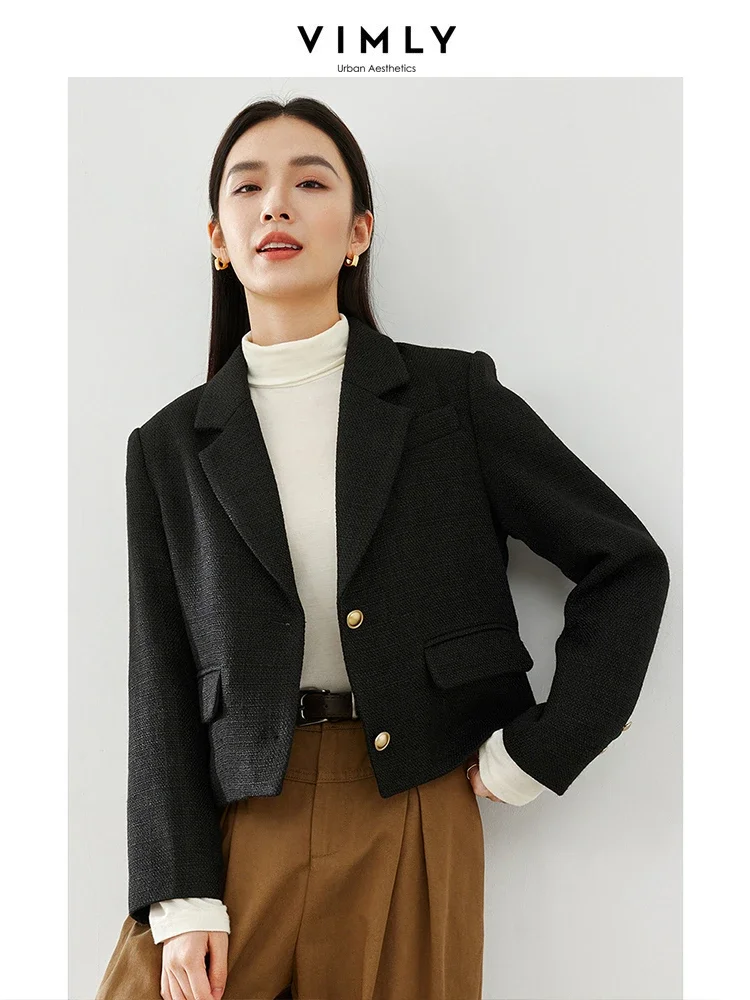 

Vimly Black Cropped Blazer Women Elegant Quilted Tweed Jacket 2023 Winter Long Sleeve Straight Short Tailored Coats Female M5039