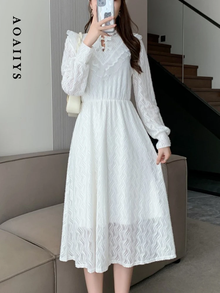 

Aoaiiys Dresses for Women Dress 2023 Autumn Slim Solid A-Line Ruffles High Waisted Dress Designer Mid-Calf with Lined Clothing