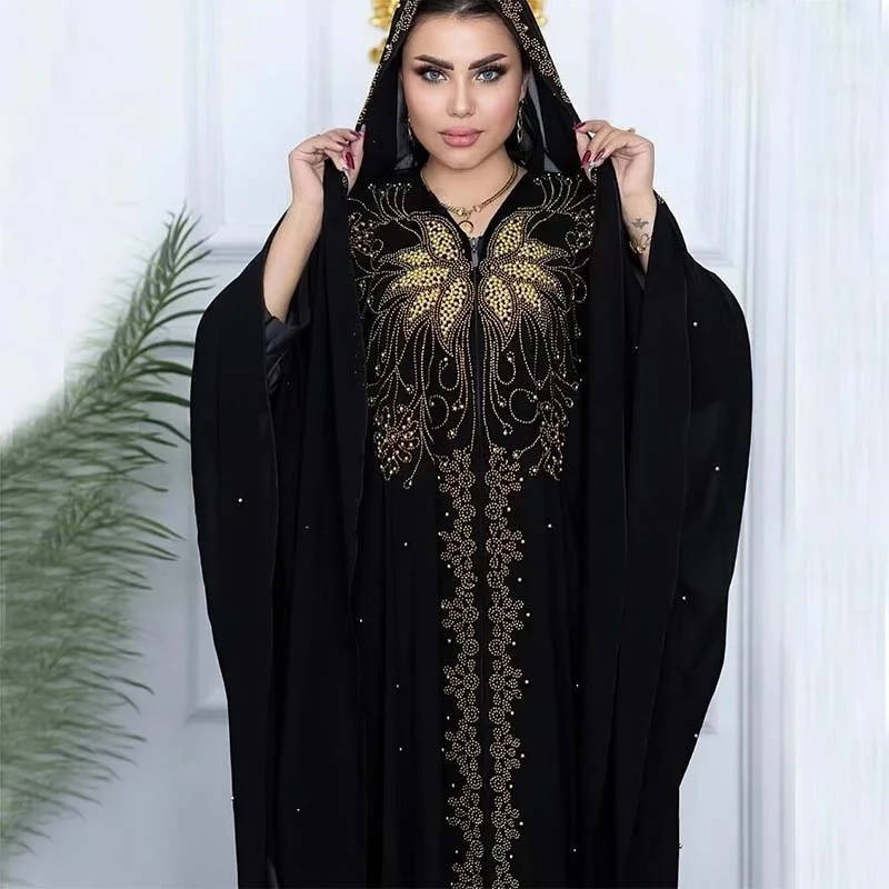 Black Jellaba For Women Muslin Dubai Turkey Morocco Caftan Kaftan Loose Bat Sleeves V-neck Robe Fashion Women Clothing Islam