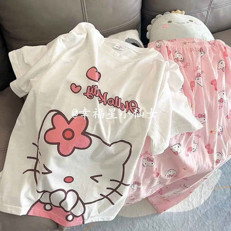 

Милые Мультяшные пижамы Hellokitty аниме Kawaii Kt Cat женские летние новые милые брюки с коротким рукавом в стиле Ins домашний комплект одежды