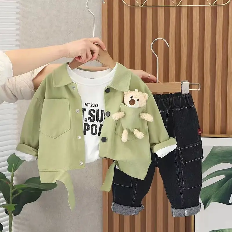 

2023 Spring Autumn Kids Teens Jackets Sets Baby Korea Clothes+T-shirt +Pants 3 PCS New In Outerwear Jacket Children 2 3 4 6Years