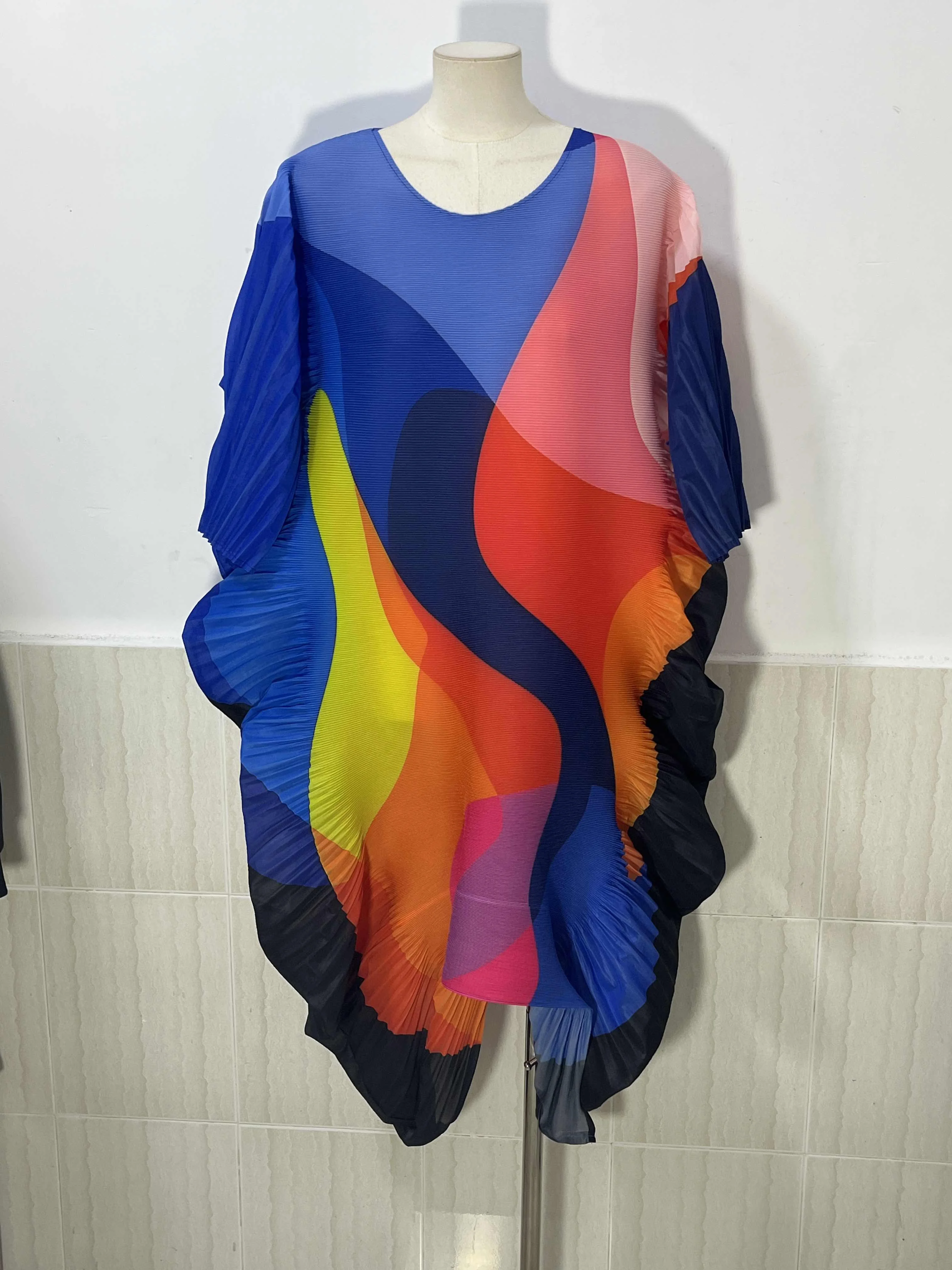 LANMREM Irregular Colorblock Spliced Design Women's Pleated Dress 2025 New Loose Causal Round Collar Half Sleeve Dresses 2DB2983 - Image 4