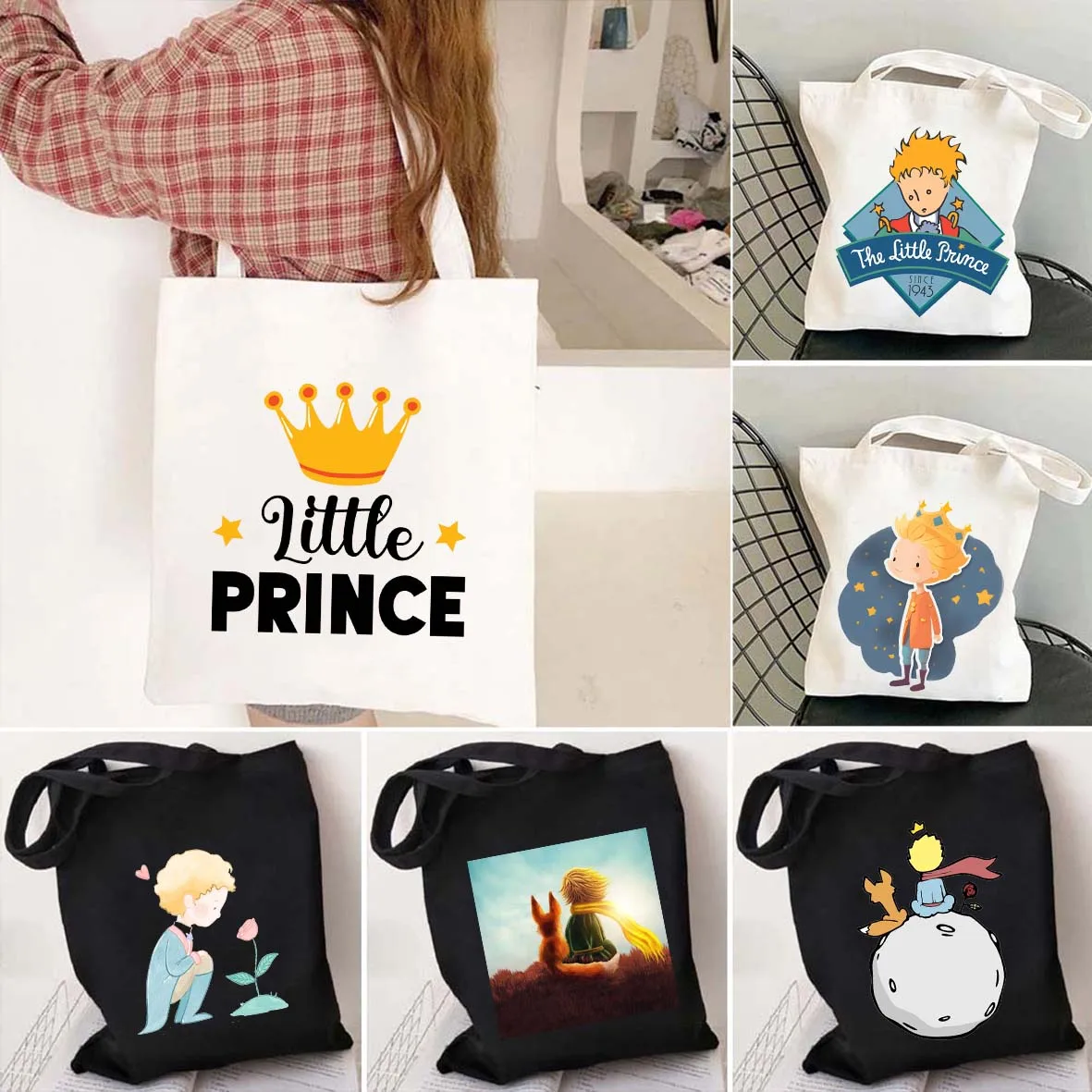 

Kawaii Cartoon Cute Little Prince Anime Shopping Canvas Tote Bag Girl Shopping Handbag Harajuku Foldable Eco Shopper Shoping Bag