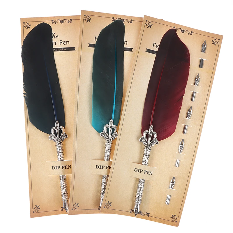 1 Set Useful Quill Pen Ink Set Fadeless Eye-catching Dip Pen Set Gear  Decoration Feather Pen Kit - AliExpress