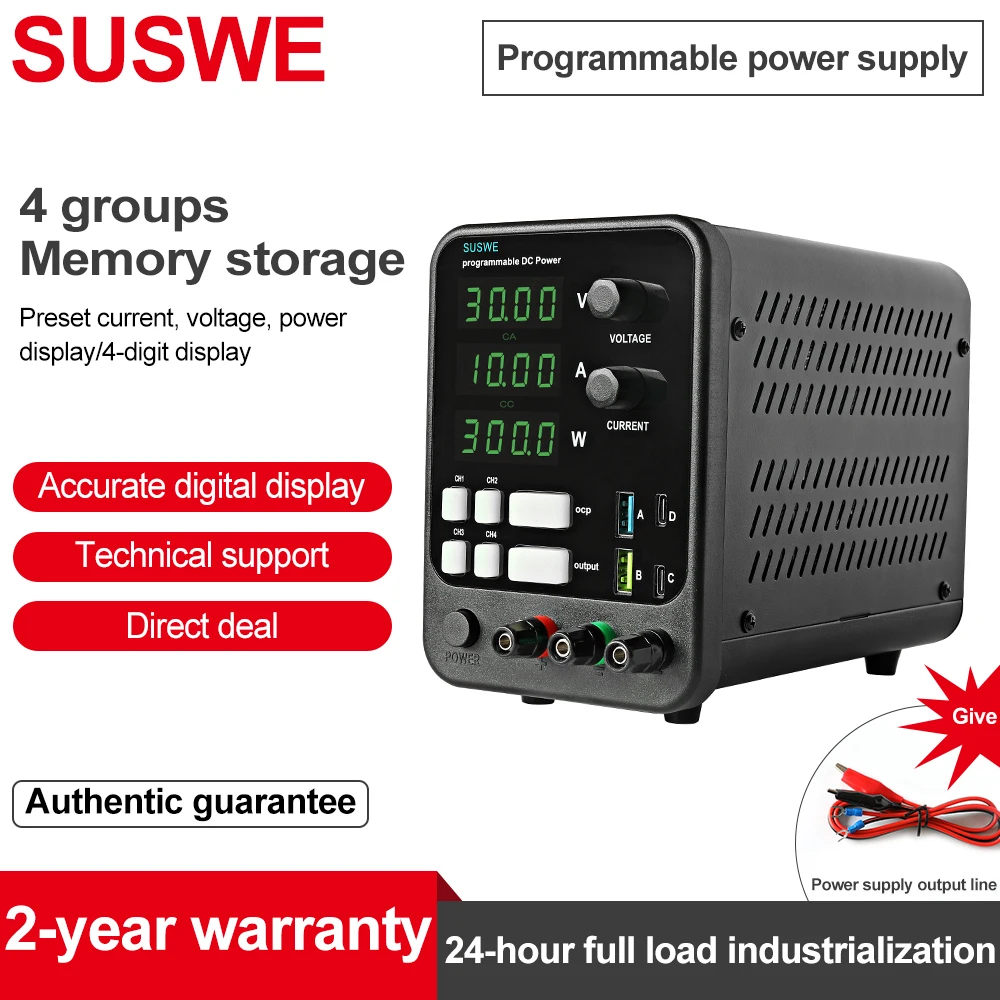 SUSWE 프로그래밍 가능한 DC 전원 공급 장치, 실험실 유지 보수 작업대, 전압 전류 조정기, AC 220V 110V, 30V, 60V, 120V, 5A, 10A
