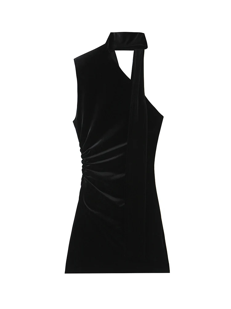 Women's Autumn Bodycon Mini Dress Velvet Irregular Halter Collar Scarf Decoration Solid Sexy Vintage Sleeveless Slim Dress
