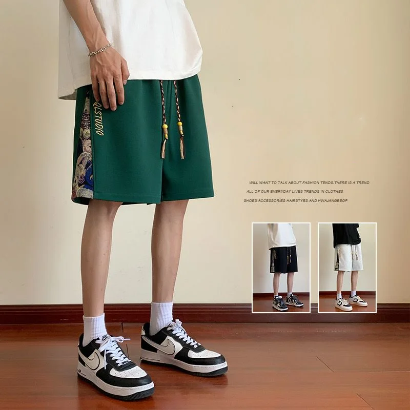 Summer High-end Pockets Chinoiserie Shorts Men's Popular 2023 New Pants Trend Casual Loose Waist Drawstring Cropped Short