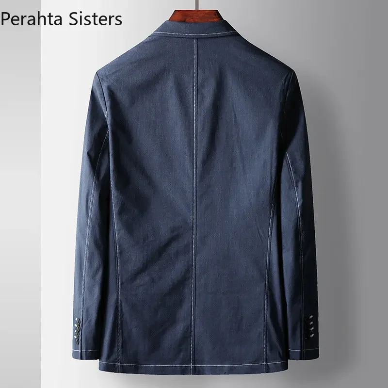 Brand Light Luxury Business Casual Blazers For Men Spring Autumn Young Denim Color Open Line Suit Jacket Men's Clothing