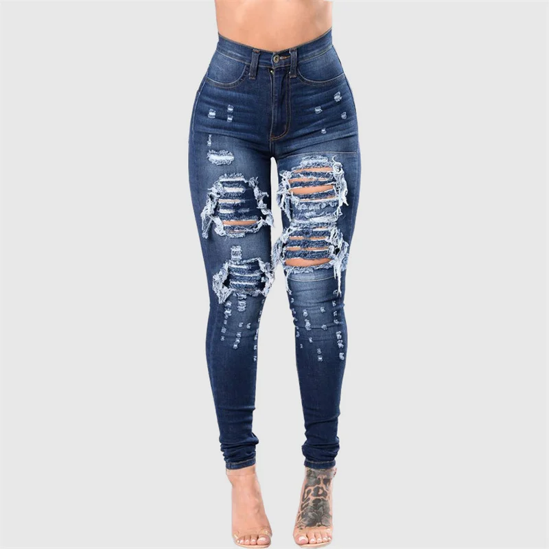 

Fashion Broken Hole Denim Pants Women High Waist Street Vintage Casual Slim Fit Pencil Jeans Commuter Female Washable Trousers