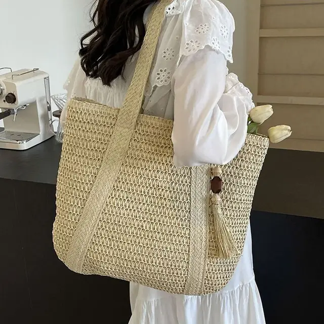 Straw Woven Shoulder Bags for Women Summer Beach Handbag with Tassel Female Fashion Handbag in Khaki Beige 6