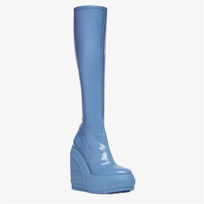 2024 Spring New Slope Heel Thick Bottom Round Toe High Heel Boots Fashion Sexy Cross-border Women's Plus Size Knee-high Boots