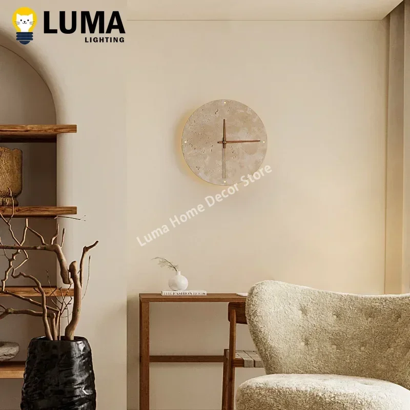 Luma Wabi-Sabi Yellow Travertine Wall Light, Round Shape Natural Stone Clock for Interior Living Room Bedroom Home-Application
