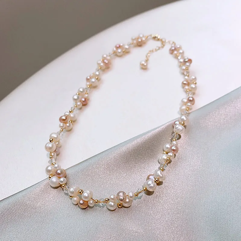 100% Natural Freshwater Pearl & Crystal 14K Gold Filled Female Jewelry Sets For Women Necklace Bracelet Wholesale Gifts No Fade 6