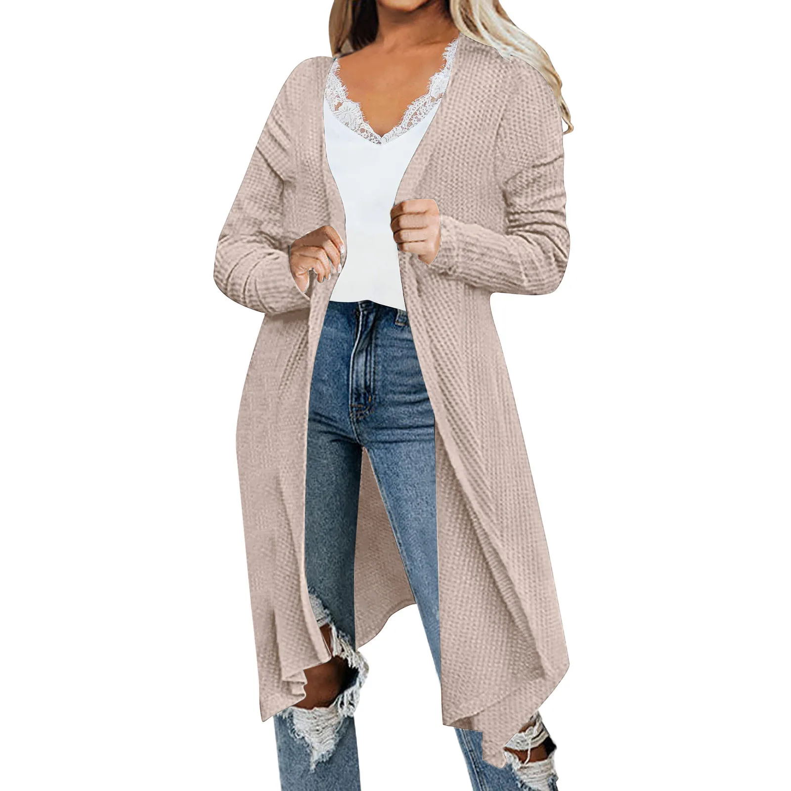 

Women'S Long Knit Cardigan 2022 Autumn Long Sleeveslim Fit Solid Color Casual Drape Front Lightweight Ragged Hem Sweater Jacket