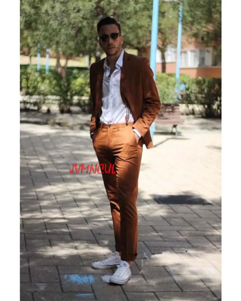 

2pcs Brown Summer Casual Beach Men Suits Slim Fit Wedding Party Jacket Tuxedos Stylish Coat With Pants Man Suits Blazer Trousers