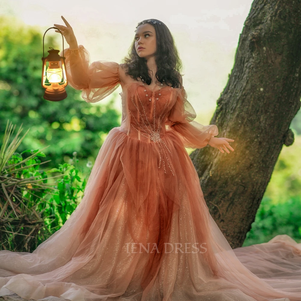 

Elegant Orange Red Sunset Mesh Fairy A-line Evening Party Dress with Pearls Sweetheart Tulle Maxi Boho Photography Gown for Wome