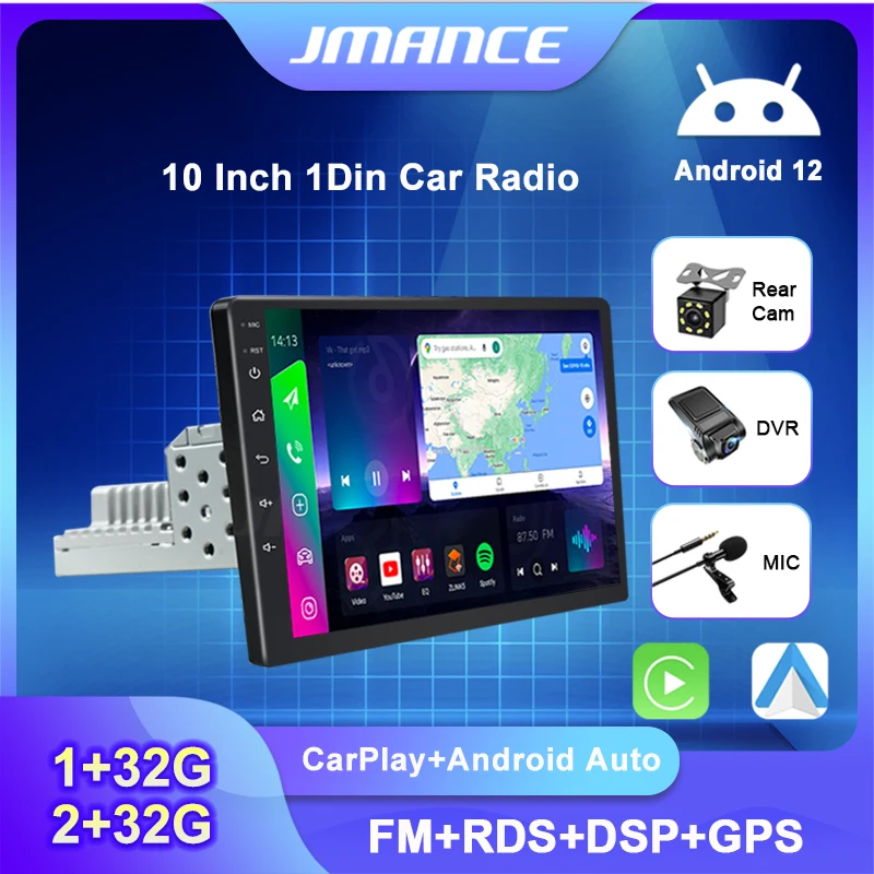 JMANCE Car Radio 10" GPS 1din Android 12 2G Add 32G Car Multimedia
