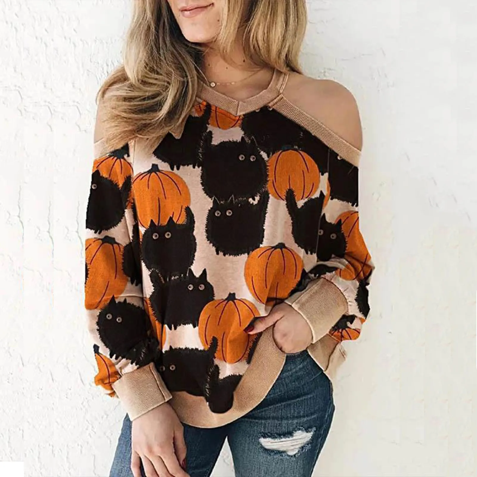 

2021 Knitted Jumpers Свитер Off Shoulder Cat Pumpkin Knitwear Ladies Halloween Sweater Women Cartoon Pullovers Female Black