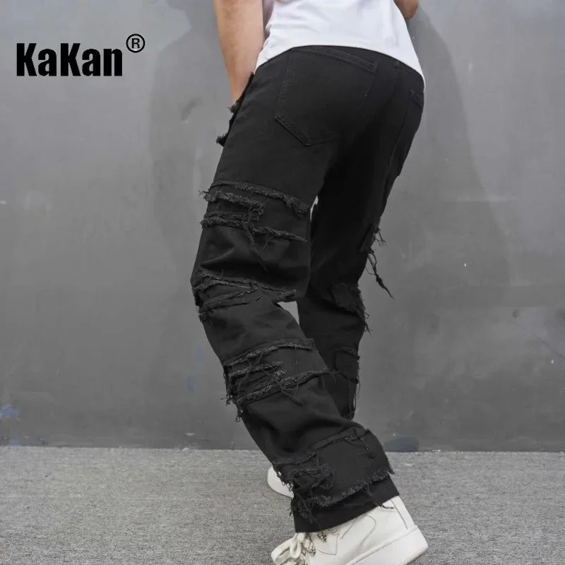 Kakan - European and American New Trend Loose Hole Patch Jeans for Men, Retro Casual Black Long Jeans K78-010