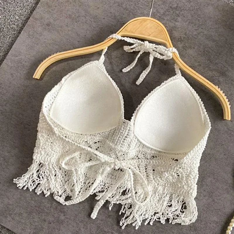 2024Sexy Beach Holiday Camisole Halter Women Crochet Knit Swimsuit Bra Backless Vest Hollow Tassel Tank Top Women's Crop Tops