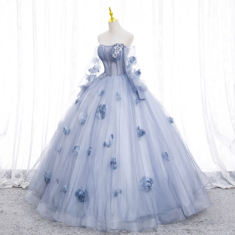 Blue Quinceanera Dress Tulle Appliques Flowers Detachable Sleeeve Strapless Ball Gown