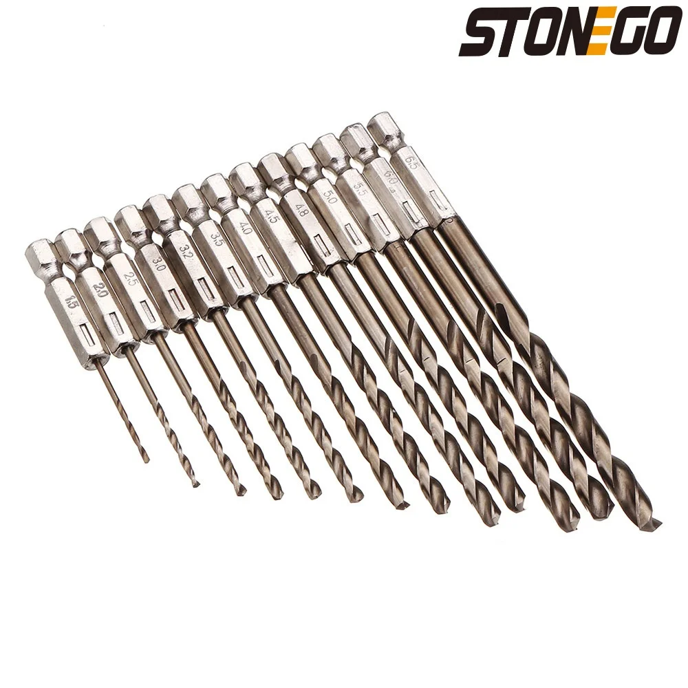 STONEGO 13 pz 1.5-6.5mm M35 cobalto punta da trapano HSS-Co Twist Drill Bit Set 1/4 pollici codolo esagonale