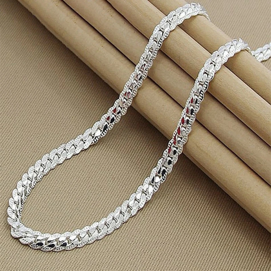 

KCRLP 925 Sterling Silver 6mm Side Chain 8/18/20/22/24 Inch Necklace For Woman Men Fashion Wedding Engagement Jewelry Gift