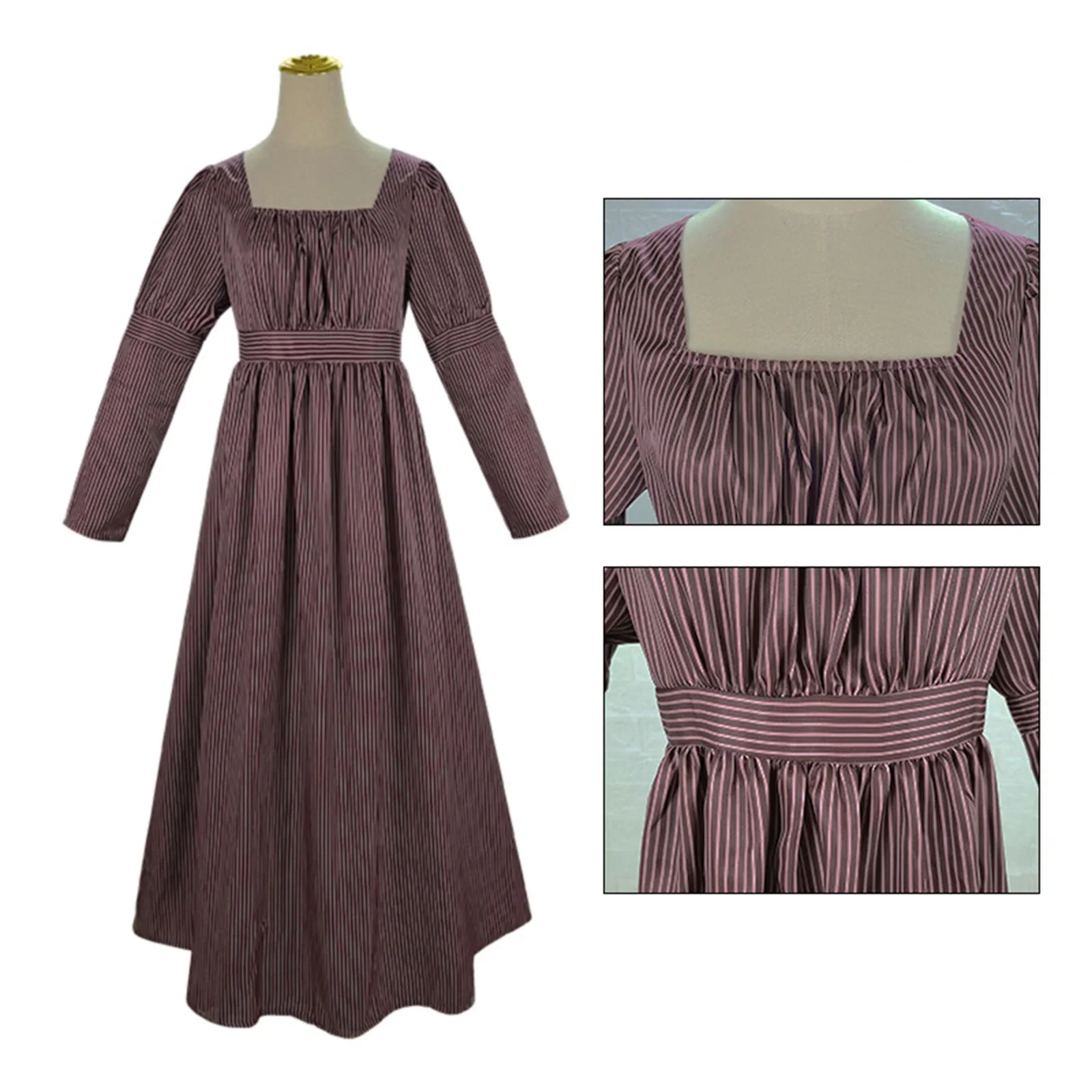 thumbnail image 1 of Vestido largo de estilo victoriano medieval retro francés de Jane Austen para mujer, cuello cuadrado, mangas largas, cintura alta, color marrón, 1 of 5