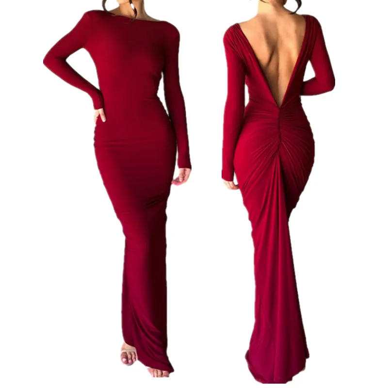 

Women Backless Long Bodycon Dress Evening Party Spring Autumn Clothes Solid Color Deep V-Neck Ruched Long Sleeve Dress Sexy Club