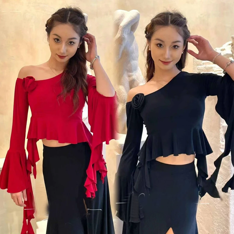 

Adults Samba Ballroom Dance Tops Red Black Latin Dancing Top Women'S Ruffled Sleeves Samba Rumba Training Dancewear SL10150