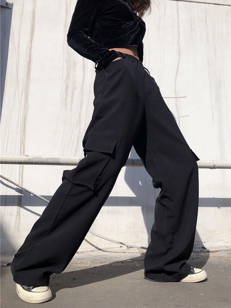 

Zoki Streetwear Bf Black Cargo Pants Harajuku Pockets Women Wide Leg Pants Korean Hip Hop High Waist Loose Casual Trousers New