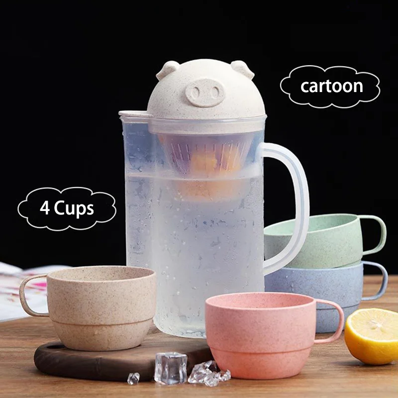

1.6L Drinking Cup Set Drinking Kettle Cartoons Eco-friendly Wheat Straw Living room kitchen Water Cups Drink Cup Unbreakable